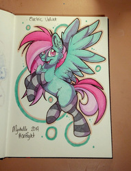Size: 1152x1510 | Tagged: safe, artist:mychelle, oc, oc only, oc:electric velvet, pegasus, pony, clothes, female, mare, socks, solo, striped socks, traditional art