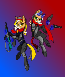 Size: 1917x2251 | Tagged: safe, artist:derpanater, oc, oc:cold iron, oc:vibraphone echo, bicorn, cyborg, dullahan, pony, undead, fallout equestria, fallout equestria: dance of the orthrus, armor, disembodied head, fanfic art, gun, handgun, headless, horn, mirage pony, paragon, pipbuck, red hat, red scarf, renegade, revolver, rifle, small wings, spirit, spirit of death, stripes, tail wrap, weapon, wings