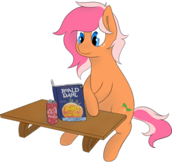 Size: 1088x1033 | Tagged: safe, artist:feelingpeachy, oc, oc only, oc:peachy, earth pony, pony, blue eyes, book, book cover, cover, crossed hooves, freckles, james and the giant peach, james henry trotter, male, miss spider, reading, roald dahl, simple background, sitting, soda, soda can, solo, stallion, table, the centipede, the earthworm, the glowworm, the ladybug, the old green grasshopper, the silkworm, transparent background