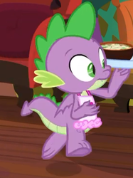 Size: 274x366 | Tagged: safe, screencap, spike, dragon, g4, the point of no return, apron, claws, clothes, cropped, male, naked apron, solo, tail, tray, underfoot, winged spike, wings