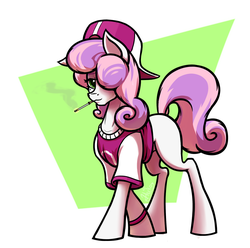 Size: 1355x1345 | Tagged: safe, artist:hc0, sweetie belle, pony, g4, backwards ballcap, baseball cap, cap, clothes, female, hair over one eye, hat, older, shirt, solo