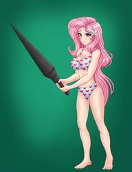Size: 783x1020 | Tagged: safe, artist:anonix123, artist:iloveladies2, fluttershy, human, fanfic:equestria girls n' goblins, g4, anime, barefoot, belly button, blushing, bra, breasts, busty fluttershy, butterfly underwear, clothes, feet, female, ghost n goblins, ghosts and goblins, green background, humanized, lance, panties, simple background, solo, underwear, weapon, white underwear