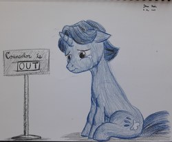Size: 2954x2448 | Tagged: safe, artist:rockhoppr3, november rain, pony, unicorn, g4, student counsel, crying, friendship student, high res, male, sad, sign, solo, stallion, traditional art