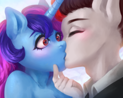 Size: 5000x4000 | Tagged: safe, artist:torisan, oc, oc only, earth pony, unicorn, anthro, blushing, clothes, earth pony oc, female, horn, kissing, male, straight, surprised, unicorn oc, wide eyes, ych result