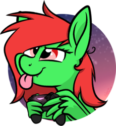 Size: 1906x2071 | Tagged: safe, artist:binkyt11, part of a set, oc, oc only, oc:watermelon frenzy, pegasus, pony, circle background, controller, cute, dawn, focused, icon, male, playing, simple background, tongue out, transparent background, wing hands, wings