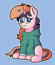 Size: 696x814 | Tagged: safe, artist:retro_hearts, oc, oc only, oc:magic harp, pony, unicorn, clothes, female, freckles, grumpy, hoodie, mare, sitting, solo