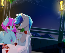 Size: 1600x1300 | Tagged: safe, artist:heddopen, oc, alicorn, pegasus, pony, alcohol, chair, female, flower, glass, lantern, male, mountain, night, rose, scenery, shooting star, stars, table, wine, wine glass
