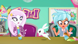 Size: 1912x1080 | Tagged: safe, screencap, angel bunny, fleur-de-lis, frosty orange, rabbit, raccoon, equestria girls, equestria girls series, g4, tip toppings, tip toppings: fluttershy, spoiler:choose your own ending (season 2), spoiler:eqg series (season 2), angel is a bunny bastard, animal, cup, female, food, froyo, frozen yogurt, frozen yogurt machine, frozen yogurt shop, shocked, shocked expression, sign, spill, written equestrian