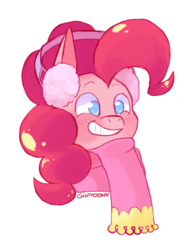 Size: 588x759 | Tagged: safe, artist:chiptoony, pinkie pie, pony, g4, blushing, bust, clothes, cute, diapinkes, earmuffs, female, no pupils, portrait, scarf, simple background, smiling, solo, transparent background