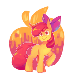 Size: 2460x2458 | Tagged: safe, artist:chiptoony, apple bloom, earth pony, pony, g4, abstract background, adorabloom, apple, blank flank, bow, colored pupils, cute, eye clipping through hair, female, filly, food, hair bow, high res, solo