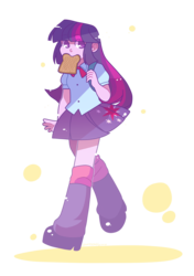 Size: 2232x3166 | Tagged: dead source, safe, artist:chiptoony, twilight sparkle, alicorn, equestria girls, g4, clothes, cute, eye clipping through hair, female, leg warmers, miniskirt, moe, mouth hold, no pupils, pleated skirt, schoolgirl toast, shoes, simple background, skirt, solo, toast, transparent background, twiabetes, twilight sparkle (alicorn)