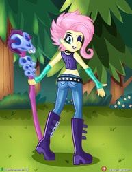 Size: 1500x1942 | Tagged: safe, artist:dieart77, fluttershy, equestria girls, equestria girls series, g4, the road less scheduled, the road less scheduled: fluttershy, spoiler:choose your own ending (season 2), spoiler:eqg series (season 2), alternate hairstyle, ass, boots, breasts, butt, clothes, female, flutterbutt, flutterpunk, forest, jeans, midriff, one eye closed, pants, shoes, small breasts, solo, staff, tank top, wink