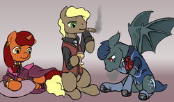 Size: 1400x824 | Tagged: safe, artist:multiverseequine, derpibooru exclusive, oc, oc only, oc:brass bolts, oc:perseus, oc:rough fluff, bat pony, earth pony, pony, unicorn, alcohol, bat pony oc, bracelet, cigar, clothes, coughing, daybreak island, dress, ear piercing, earring, earth pony oc, female, glass, gradient background, jewelry, male, mare, necklace, necktie, on side, piercing, pillow, shoes, simple background, smoking, socks, stallion, suit, trio, unicorn oc, waistcoat, wine glass
