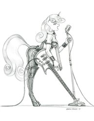 Size: 1000x1297 | Tagged: safe, artist:baron engel, sweetie belle, unicorn, anthro, unguligrade anthro, g4, bass guitar, boots, clothes, collar, colored hooves, female, grayscale, heavy metal, leather pants, mare, metal, metal belle, microphone, monochrome, musical instrument, older, older sweetie belle, pants, pencil drawing, shoes, simple background, sketch, thigh boots, traditional art, white background
