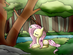 Size: 2000x1500 | Tagged: safe, artist:majupaju, fluttershy, pony, g4, crepuscular rays, eyes closed, female, flower, flower in hair, forest, lake, light, rock, sitting, solo, tree
