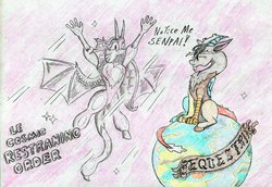 Size: 2559x1763 | Tagged: safe, artist:grimmyweirdy, cosmos, discord, draconequus, g4, notice me senpai, planet, restraining order, shipping denied, space, traditional art