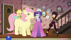 Size: 1366x768 | Tagged: safe, screencap, applejack, fluttershy, posey, rarity, sunset shimmer, wooyoo, costume conundrum, costume conundrum: applejack, equestria girls, g1, g4, my little pony equestria girls: choose your own ending, balloon, bow, bulk biceps' home, clothes, costume, costume party, dress, female, pantomime horse, pony costume, quadsuit, ripped pants, sleeveless, tail bow, two-person costume, vampire shimmer, wig