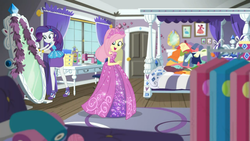 Size: 1366x768 | Tagged: safe, screencap, fluttershy, rarity, costume conundrum, costume conundrum: rarity, equestria girls, g4, my little pony equestria girls: choose your own ending, beautiful, bed, clothes, costume, dress, female, happy, mirror, rarity peplum dress, rarity's bedroom, sewing machine, sleeveless, twirl, window