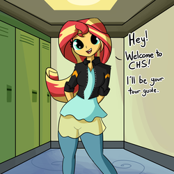 Size: 2880x2880 | Tagged: safe, artist:tjpones, sunset shimmer, equestria girls, g4, bronybait, canterlot high, cute, dialogue, female, hands behind back, high res, lockers, looking at you, shimmerbetes, solo, talking to viewer, wide hips