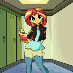 Size: 2880x2880 | Tagged: safe, alternate version, artist:tjpones, sunset shimmer, equestria girls, g4, canterlot high, cute, female, high res, lockers, looking at you, shimmerbetes, solo, textless version
