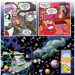Size: 1224x1222 | Tagged: safe, artist:tonyfleecs, idw, official comic, apple bloom, discord, opalescence, scootaloo, sweetie belle, draconequus, earth pony, pegasus, pony, unicorn, g4, spoiler:comicff2, comic, cutie mark crusaders, disqord, female, filly, finger snap, foal, male, q, space, spaceship, speech bubble, star trek, voice actor joke, yarn, yarn ball