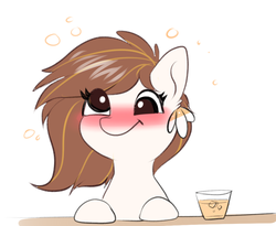 Size: 851x698 | Tagged: source needed, safe, artist:confetticakez, oc, oc:raven sun, earth pony, pony, alcohol, beer, blushing, cute, derp, drunk, drunk bubbles, female, mare, solo