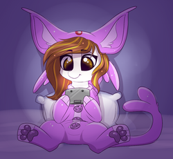Size: 1466x1349 | Tagged: safe, artist:confetticakez, oc, oc only, oc:raven sun, earth pony, espeon, pony, 3ds, clothes, costume, cute, earth pony oc, female, kigurumi, mare, paw gloves, paw pads, pillow, pokémon, smiling, solo