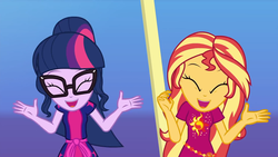 Size: 1920x1080 | Tagged: safe, screencap, sci-twi, sunset shimmer, twilight sparkle, equestria girls, g4, i'm on a yacht, my little pony equestria girls: better together, clothes, cute, dancing, dress, duo, duo female, female, geode of empathy, geode of fauna, geode of shielding, geode of sugar bombs, geode of super speed, geode of super strength, geode of telekinesis, glasses, happy, magical geodes, open mouth, ponytail, shimmerbetes, smiling, twiabetes