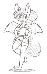 Size: 2555x4050 | Tagged: safe, artist:theartmanor, oc, oc only, oc:titty sprinkles, bat pony, anthro, plantigrade anthro, anthro oc, bat pony oc, female, freckles, glasses, monochrome, solo