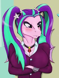 Size: 768x1024 | Tagged: safe, artist:mixdaponies, aria blaze, siren, anthro, g4, blushing, breasts, cleavage, clothes, crossed arms, fangs, female, school uniform, solo