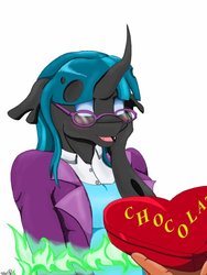 Size: 768x1024 | Tagged: safe, artist:mixdaponies, juniper montage, changeling, anthro, g4, blushing, changelingified, chocolate, disguise, disguised changeling, food, glasses, species swap, transformation