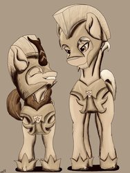 Size: 768x1024 | Tagged: safe, artist:mixdaponies, autumn blaze, granny smith, earth pony, kirin, pony, g4, armor, female, grayscale, monochrome, quadrupedal, royal guard armor, sepia, smiling, young granny smith, younger