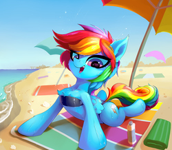 Size: 4300x3750 | Tagged: safe, artist:gsphere, rainbow dash, pegasus, pony, g4, absurd resolution, beach, cheek fluff, chest fluff, clothes, cute, dashabetes, ear fluff, female, leg fluff, mare, ocean, open mouth, sexy, smiling, solo, stupid sexy rainbow dash, swimsuit, tube top, wet