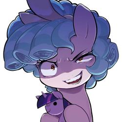 Size: 640x640 | Tagged: safe, artist:30clock, cozy glow, twilight sparkle, pony, g4, cozy glow is best facemaker, crazy glow, creepy, creepy smile, doll, female, filly, foal, insanity, plushie, pure concentrated unfiltered evil of the utmost potency, pure unfiltered evil, smiling, solo, toy