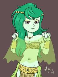 Size: 774x1032 | Tagged: safe, artist:mayorlight, wallflower blush, equestria girls, equestria girls series, forgotten friendship, g4, armlet, bedroom eyes, belly button, belly dancer, belly dancer outfit, breasts, digital art, eyeshadow, freckles, jewelry, looking at you, makeup, midriff, necklace, outie belly button, simple background, smiling, solo, veil