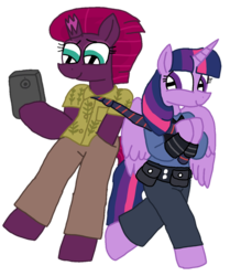 Size: 1080x1293 | Tagged: safe, artist:徐詩珮, fizzlepop berrytwist, tempest shadow, twilight sparkle, alicorn, pony, unicorn, g4, bipedal, broken horn, clothes, cosplay, costume, crossover, female, horn, judy hopps, lesbian, mare, nick wilde, ship:tempestlight, shipping, simple background, transparent background, twilight sparkle (alicorn), zootopia