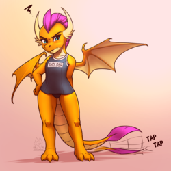 Size: 2375x2375 | Tagged: safe, artist:mykegreywolf, smolder, dragon, g4, blushing, clothes, dragoness, female, gradient background, high res, impatient, looking at you, one-piece swimsuit, smolder is not amused, smoldere, solo, sukumizu, swimsuit, tail wag, tsundere, unamused
