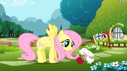 Size: 1920x1080 | Tagged: safe, screencap, angel bunny, fluttershy, pegasus, pony, rabbit, g4, animal, apple, bird house, fence, flower, food, opening, theme song, tree