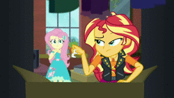 Size: 1920x1080 | Tagged: safe, screencap, fluttershy, sunset shimmer, bat, costume conundrum, costume conundrum: sunset shimmer, equestria girls, equestria girls series, g4, spoiler:choose your own ending (season 2), spoiler:eqg series (season 2), animated, fangs, female, geode of empathy, geode of fauna, magical geodes, sound, sunset's apartment, webm