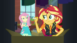 Size: 1920x1080 | Tagged: safe, screencap, fluttershy, sunset shimmer, costume conundrum, costume conundrum: sunset shimmer, equestria girls, g4, my little pony equestria girls: choose your own ending, fake fangs, fangs, female, geode of empathy, geode of fauna, magical geodes, sunset's apartment