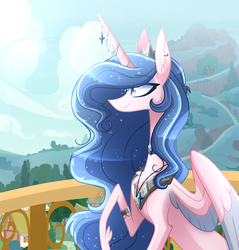 Size: 2147x2247 | Tagged: safe, artist:sugaryicecreammlp, oc, oc only, oc:sparkdust knight, alicorn, pony, alicorn oc, balcony, chest fluff, female, high res, horn, horn jewelry, jewelry, mare, raised hoof, sitting, slender, smiling, solo, thin, two toned wings, wings