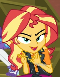 Size: 840x1080 | Tagged: source needed, safe, screencap, rarity, sunset shimmer, costume conundrum, equestria girls, g4, my little pony equestria girls: choose your own ending, cropped, evil smile, geode of empathy, logo, magical geodes, open mouth, out of context, smiling, sunset's apartment, tongue out