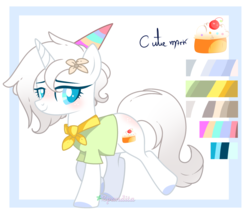 Size: 3000x2585 | Tagged: safe, artist:2pandita, oc, oc only, oc:small cake, pony, unicorn, clothes, female, hat, high res, mare, party hat, reference sheet, shirt, solo