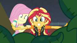 Size: 1920x1080 | Tagged: safe, screencap, fluttershy, sunset shimmer, costume conundrum, costume conundrum: sunset shimmer, equestria girls, equestria girls series, g4, spoiler:choose your own ending (season 2), spoiler:eqg series (season 2), box, excited, female, geode of empathy, geode of fauna, magical geodes, scared, sunset's apartment