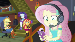 Size: 1920x1080 | Tagged: safe, screencap, applejack, fluttershy, rarity, sunset shimmer, costume conundrum, equestria girls, equestria girls series, g4, spoiler:eqg series (season 2), applejack's hat, boots, cellphone, clothes, cowboy boots, cowboy hat, denim skirt, discovery family logo, female, geode of empathy, geode of fauna, geode of shielding, geode of super strength, hat, headphones, high heels, magical geodes, phone, shoes, skirt, smartphone, sunset's apartment
