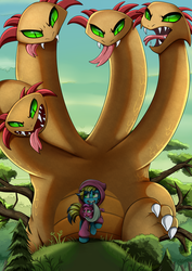 Size: 2509x3550 | Tagged: safe, artist:pridark, oc, dragon, hydra, pony, baby, baby dragon, clothes, destruction, high res, hoodie, multiple heads, raised hoof, scenery