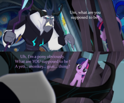 Size: 2000x1674 | Tagged: safe, edit, edited screencap, screencap, storm king, twilight sparkle, alicorn, pony, satyr, g4, my little pony: the movie, armor, cage, canterlot castle, canterlot throne room, caption, comic, confused, crown, fangs, female, frown, horns, image macro, jewelry, mare, regalia, screencap comic, staff, staff of sacanas, stained glass, text, twilight sparkle (alicorn)