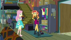 Size: 1920x1080 | Tagged: safe, screencap, fluttershy, sunset shimmer, costume conundrum, costume conundrum: sunset shimmer, equestria girls, equestria girls series, g4, spoiler:choose your own ending (season 2), spoiler:eqg series (season 2), bed, cabinet, door, female, geode of empathy, geode of fauna, happy, lidded eyes, magical geodes, stairs, sunset's apartment, tongue out