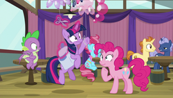 Size: 1920x1080 | Tagged: safe, screencap, cup cake, golden crust, midnight snack (g4), pinkie pie, spike, twilight sparkle, alicorn, dragon, earth pony, pony, unicorn, a trivial pursuit, g4, balloon, female, friendship student, magic, male, mare, saddle bag, scissors, stallion, twilight sparkle (alicorn), winged spike, wings