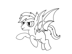 Size: 2048x1536 | Tagged: safe, artist:tikibat, derpibooru exclusive, oc, oc only, oc:silver eclipse, bat pony, pony, fanfic:departures, bat pony oc, bat wings, black and white, digital art, fanfic art, fangs, flying, grayscale, lineart, membranous wings, monochrome, simple background, sketch, slit pupils, solo, white background, wings